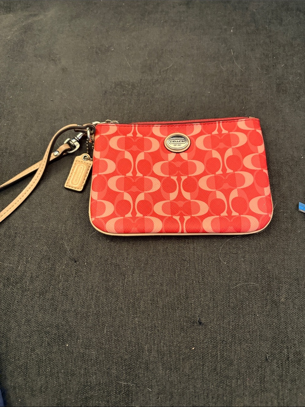 COACH Red Signature Wristlet with Tan Strap